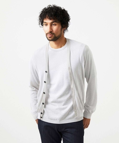 MICHEL KLEIN HOMME   （ミッシェルクランオム）の「ダイアゴナル柄クルーネック半袖ニット（ニット/セーター・メンズ・ライトグレー/ネイビー・MEDIUM/LARGE/X-LARGE）」の6枚目の写真