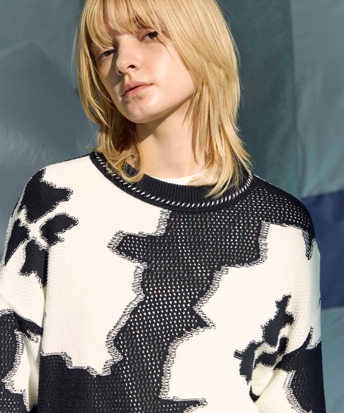 UNISEX》Prime-Over Flower Intarsia Mesh Crew Neck Knit T