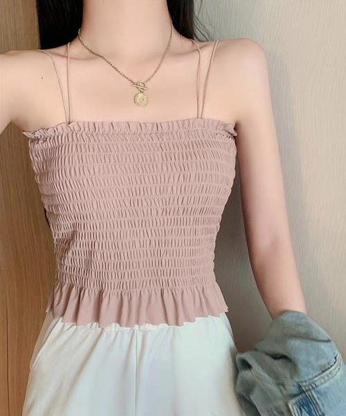 Lace Ladies(レースレディース)の「バック クロス シャーリング フリル ブラトップ(キャミソール・レディース・ピンク/グリーン/ホワイト/ブラック・FREE)」の4枚目の写真