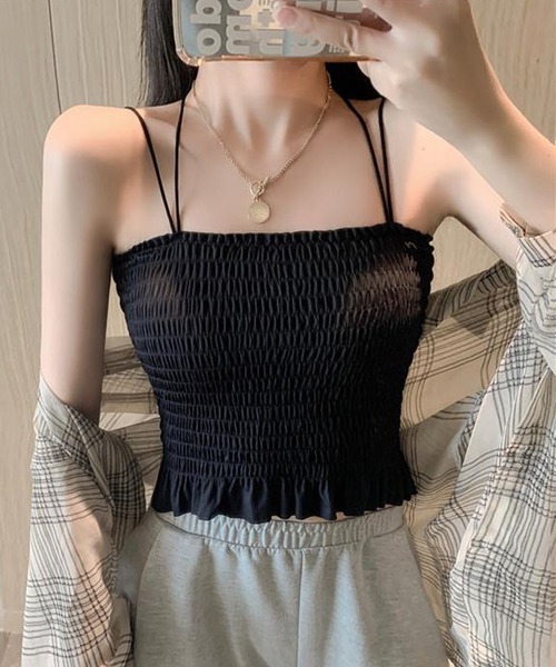 Lace Ladies(レースレディース)の「バック クロス シャーリング フリル ブラトップ(キャミソール・レディース・ピンク/グリーン/ホワイト/ブラック・FREE)」の7枚目の写真