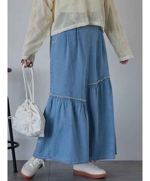 ehka sopo（エヘカソポ）の「デニム切替ギャザースカート（スカート・レディース・ブルー/サックスブルー/ネイビー・F）」の4枚目の写真