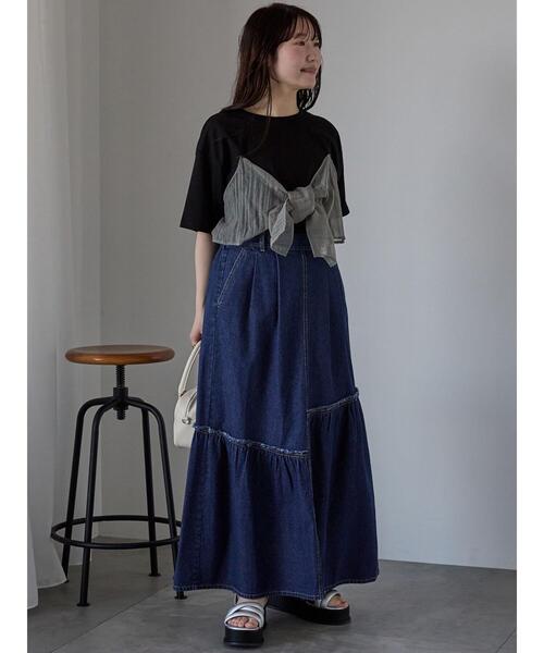 ehka sopo（エヘカソポ）の「デニム切替ギャザースカート（スカート・レディース・ブルー/サックスブルー/ネイビー・F）」の9枚目の写真