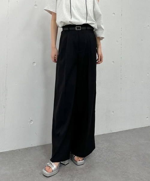 セール】ベルト付麻調タックワイドスラックス（スラックス