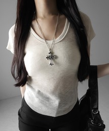 ※※【 2color 】オープンネックルーズシアーリブニットトップス / open neck loose sheer rib knit top