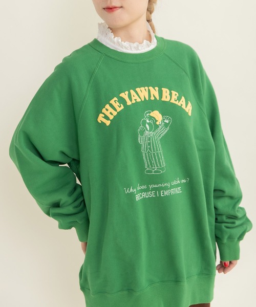 CHILD WOMAN（チャイルドウーマン）の「☆30/10裏毛 眠たいくまプリントスウェット（スウェット・レディース・グレー/アイボリー/グリーン・FREE）」の3枚目の写真