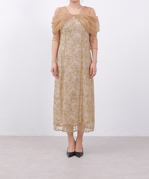 チュールドレープ スパンコール 花刺繍 ドレス 結婚式 パーティー