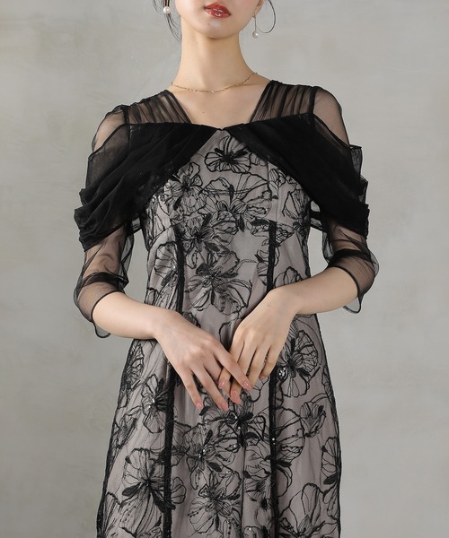 チュールドレープ スパンコール 花刺繍 ドレス 結婚式