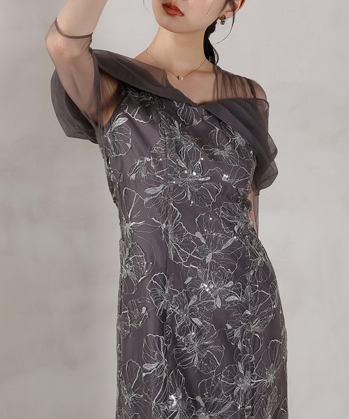 Kana（カナ）の「チュールドレープ スパンコール 花刺繍 ドレス 結婚式 パーティードレス オケージョンドレス お呼ばれワンピース（ドレス・レディース・ブラック/チャコールグレー/ブラウン/ライトグリーン/イエロー・M/L/S/SS）」の12枚目の写真