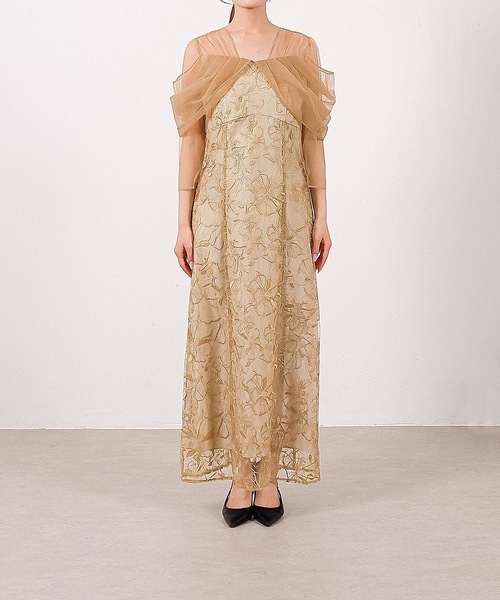 チュールドレープ スパンコール 花刺繍 ドレス 結婚式