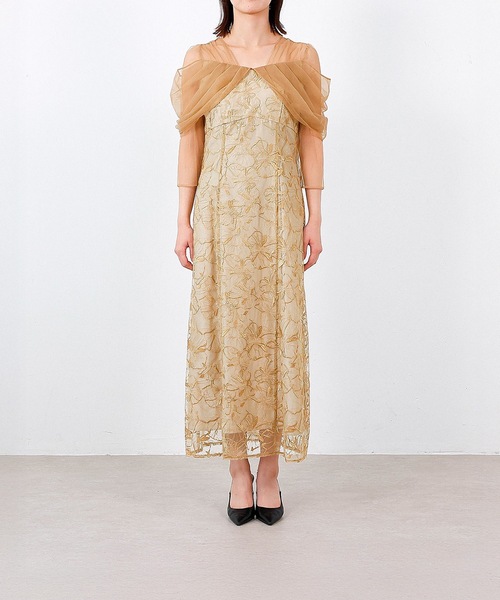 チュールドレープ スパンコール 花刺繍 ドレス 結婚式 パーティー