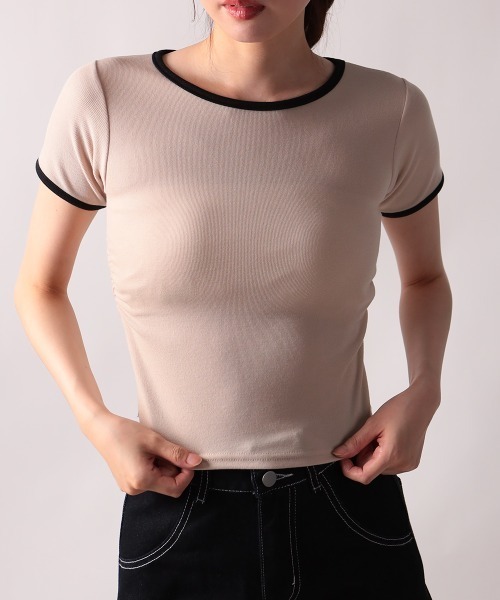 NANAHACHI（ナナハチ）の「バイカラー コンパクト半袖Tシャツ（Tシャツ/カットソー・レディース・グレー/ベージュ/ホワイト・FREE）」の3枚目の写真