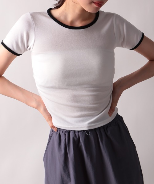 NANAHACHI（ナナハチ）の「バイカラー コンパクト半袖Tシャツ（Tシャツ/カットソー・レディース・グレー/ベージュ/ホワイト・FREE）」の7枚目の写真