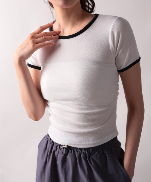 NANAHACHI（ナナハチ）の「バイカラー コンパクト半袖Tシャツ（Tシャツ/カットソー・レディース・グレー/ベージュ/ホワイト・FREE）」の19枚目の写真