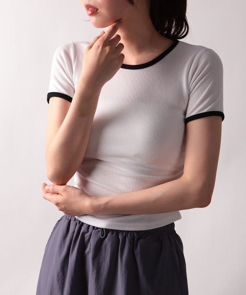NANAHACHI（ナナハチ）の「バイカラー コンパクト半袖Tシャツ（Tシャツ/カットソー・レディース・グレー/ベージュ/ホワイト・FREE）」の16枚目の写真