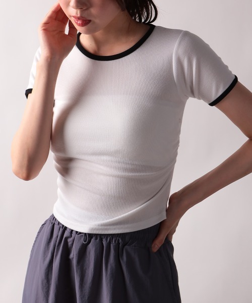 NANAHACHI（ナナハチ）の「バイカラー コンパクト半袖Tシャツ（Tシャツ/カットソー・レディース・グレー/ベージュ/ホワイト・FREE）」の15枚目の写真