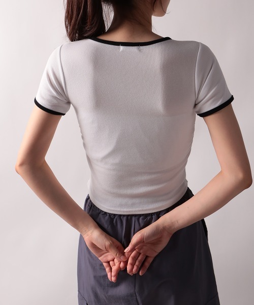 NANAHACHI（ナナハチ）の「バイカラー コンパクト半袖Tシャツ（Tシャツ/カットソー・レディース・グレー/ベージュ/ホワイト・FREE）」の5枚目の写真