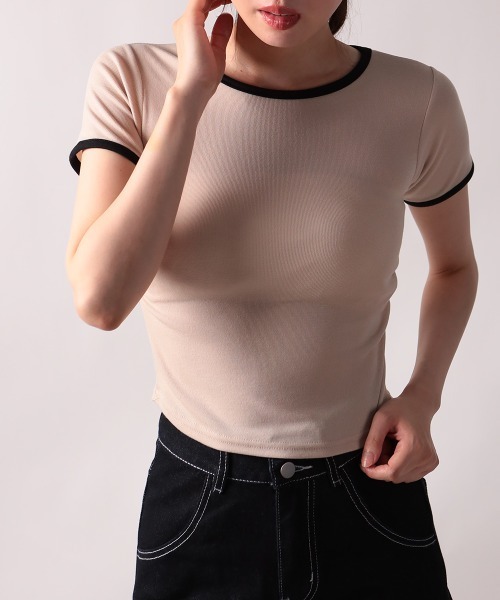 NANAHACHI（ナナハチ）の「バイカラー コンパクト半袖Tシャツ（Tシャツ/カットソー・レディース・グレー/ベージュ/ホワイト・FREE）」の14枚目の写真