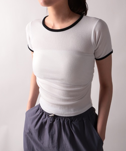 NANAHACHI（ナナハチ）の「バイカラー コンパクト半袖Tシャツ（Tシャツ/カットソー・レディース・グレー/ベージュ/ホワイト・FREE）」の8枚目の写真