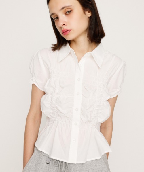 ブラウス シャツ RANDOM SHIRRING S/SLEEVE TOPS ランダム シャーリング ショートスリーブ トップス 半袖 夏服 レディー RANDOM SHIRRING S/SLEEVE TOPS ランダム シャーリング ショート