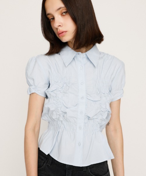 ブラウス シャツ RANDOM SHIRRING S/SLEEVE TOPS ランダム シャーリング ショートスリーブ トップス 半袖 夏服 レディー RANDOM SHIRRING S/SLEEVE TOPS ランダム シャーリング ショート