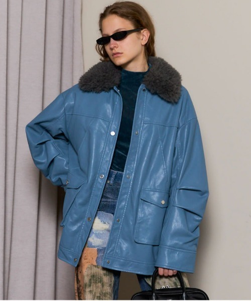 セール】Fur Collar Vegan Leather Middle Blouson/ファーカラー