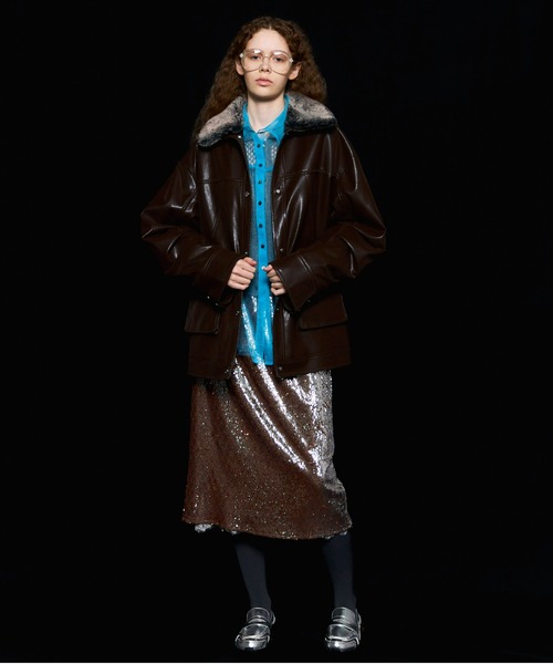 セール】Fur Collar Vegan Leather Middle Blouson/ファーカラー