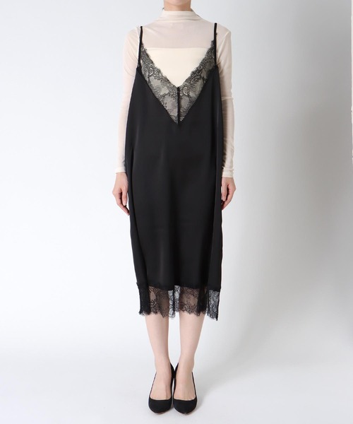 Three Four Time(スリーフォータイム)の「サテンレースキャミワンピース(ワンピース・レディース・ブラック・FREE)」の6枚目の写真