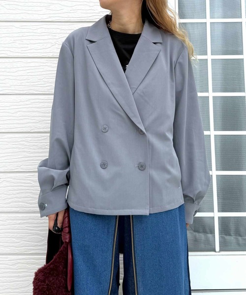 Q（キュー）の「ダブルブレストバイカラージャケット（テーラードジャケット・レディース・ブラウン/グレー・MEDIUM）」の10枚目の写真