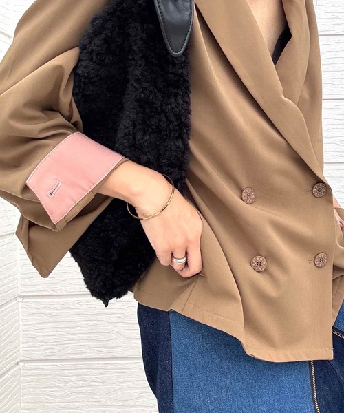 Q（キュー）の「ダブルブレストバイカラージャケット（テーラードジャケット・レディース・ブラウン/グレー・MEDIUM）」の16枚目の写真