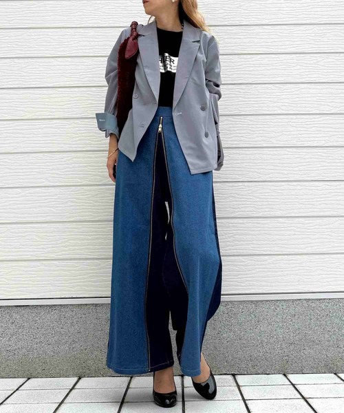 Q（キュー）の「ダブルブレストバイカラージャケット（テーラードジャケット・レディース・ブラウン/グレー・MEDIUM）」の18枚目の写真