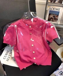 【Vini】リボン × パール ボタン 半袖 カーディガン