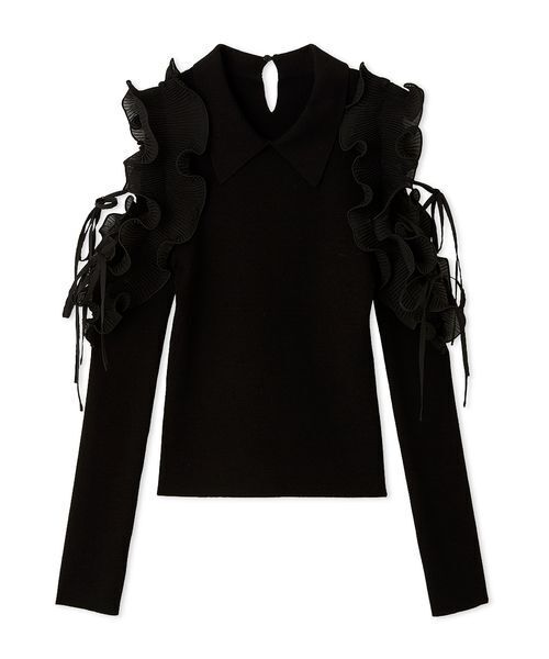 今期 新品 SNIDEL フリル付き肩出しニット プリーツフリルニット ブラック プリーツフリルニットプルオーバー（ニット/セーター）｜SNIDEL