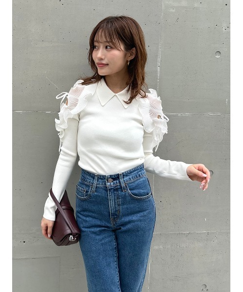 snidelフリル付きホワイトリブニットセーター SNIDEL - 【正規品】snidel デザインフリルニットプルオーバー