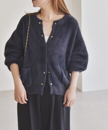 24AW【カランシエル】チュール ドッキング クルーネック カーディガンネイビー quaranciel:〈手洗い可能〉チュール ドッキング クルーネック