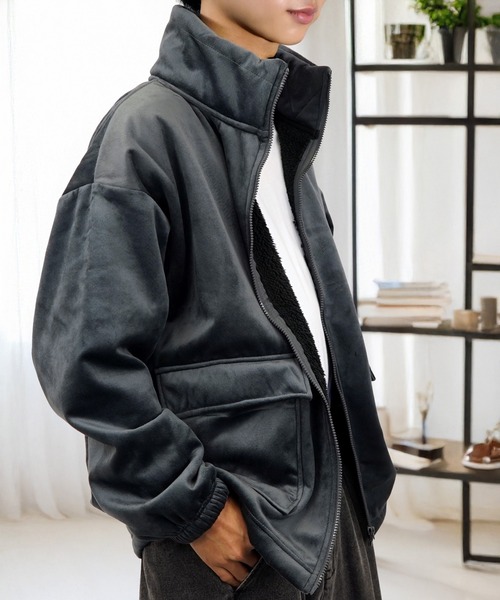 セール】ミリタリージャケット ベロア×ボア ブルゾン（ミリタリー