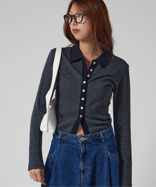 MILLER(ミラー)の「R.P.miller/ミラー PANELRIB Cardigan ボーダーデザイン カーディガン(カーディガン/ボレロ・レディース・ブラック/ブルー/レッド/ブラウン/ブラック×ホワイト・FREE)」の6枚目の写真