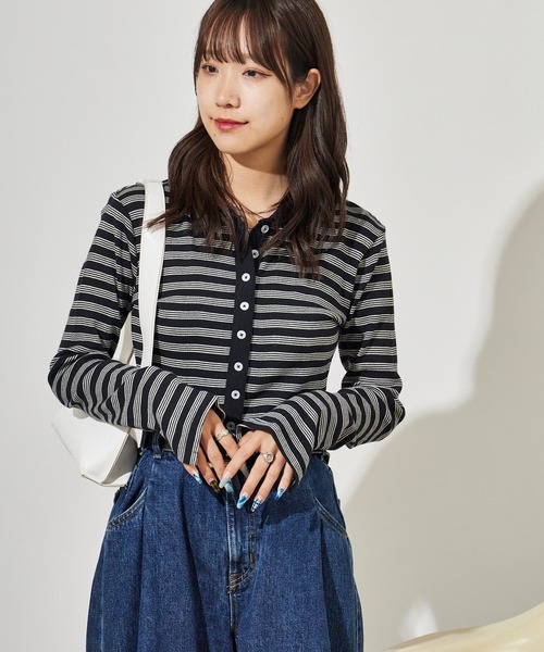 MILLER(ミラー)の「R.P.miller/ミラー PANELRIB Cardigan ボーダーデザイン カーディガン(カーディガン/ボレロ・レディース・ブラック/ブルー/レッド/ブラウン/ブラック×ホワイト・FREE)」の12枚目の写真