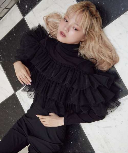 etre loin（エトルワン）の「Dot tulle ruffle & knit top set（ニット/セーター・レディース・ブラック/ベージュ/ライトグレー・M）」の14枚目の写真