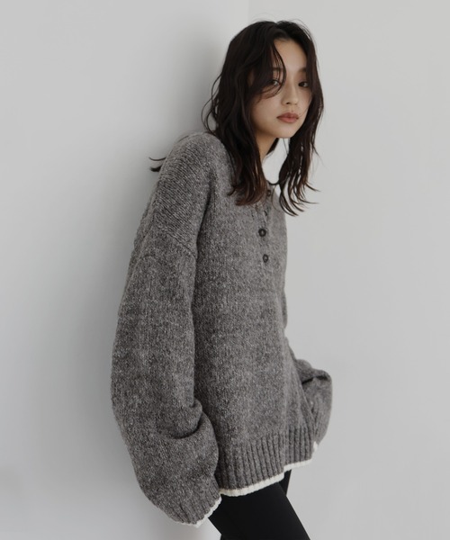 バイカラーヘンリーネックミックスニット（ニット/セーター）｜hellam