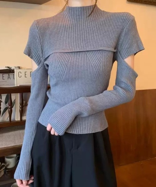 SPIGA（スピーガ）の「胸切替袖開きﾘﾌﾞﾆｯﾄ（ニット/セーター・レディース・グレー/ブラック/ブラウン/ホワイト・FREE）」の3枚目の写真