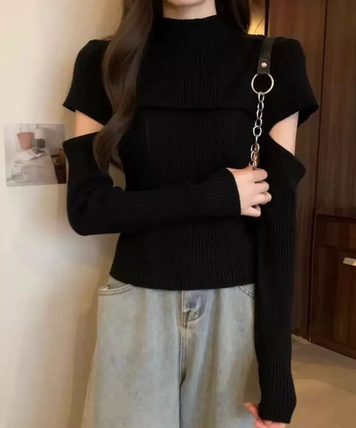 SPIGA（スピーガ）の「胸切替袖開きﾘﾌﾞﾆｯﾄ（ニット/セーター・レディース・グレー/ブラック/ブラウン/ホワイト・FREE）」の2枚目の写真