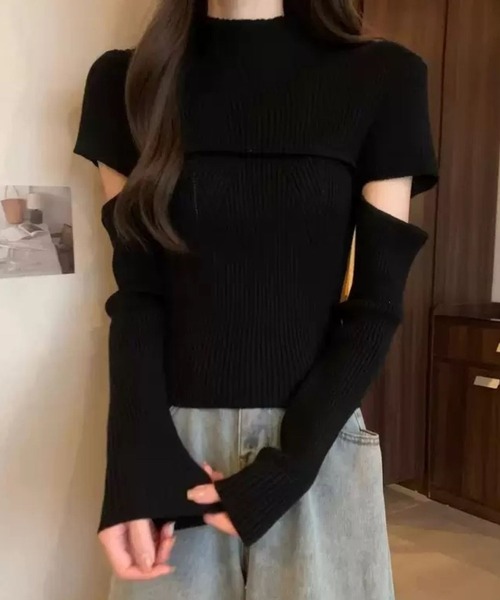 SPIGA（スピーガ）の「胸切替袖開きﾘﾌﾞﾆｯﾄ（ニット/セーター・レディース・グレー/ブラック/ブラウン/ホワイト・FREE）」の6枚目の写真