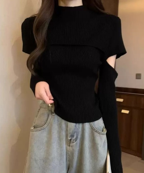 SPIGA（スピーガ）の「胸切替袖開きﾘﾌﾞﾆｯﾄ（ニット/セーター・レディース・グレー/ブラック/ブラウン/ホワイト・FREE）」の7枚目の写真