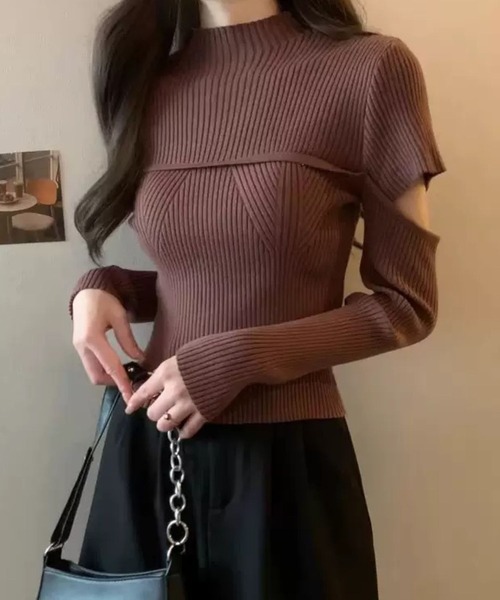 SPIGA（スピーガ）の「胸切替袖開きﾘﾌﾞﾆｯﾄ（ニット/セーター・レディース・グレー/ブラック/ブラウン/ホワイト・FREE）」の9枚目の写真