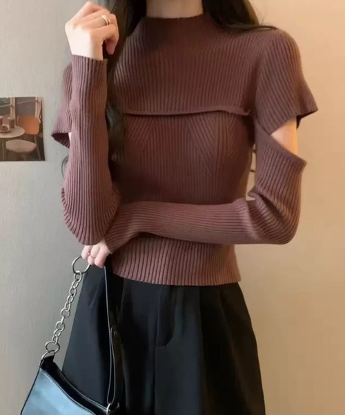 SPIGA（スピーガ）の「胸切替袖開きﾘﾌﾞﾆｯﾄ（ニット/セーター・レディース・グレー/ブラック/ブラウン/ホワイト・FREE）」の10枚目の写真