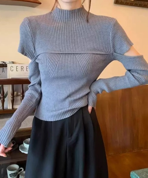 SPIGA（スピーガ）の「胸切替袖開きﾘﾌﾞﾆｯﾄ（ニット/セーター・レディース・グレー/ブラック/ブラウン/ホワイト・FREE）」の12枚目の写真