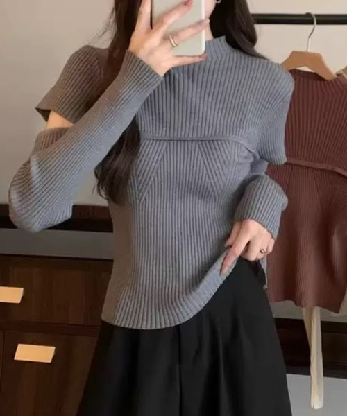 SPIGA（スピーガ）の「胸切替袖開きﾘﾌﾞﾆｯﾄ（ニット/セーター・レディース・グレー/ブラック/ブラウン/ホワイト・FREE）」の14枚目の写真