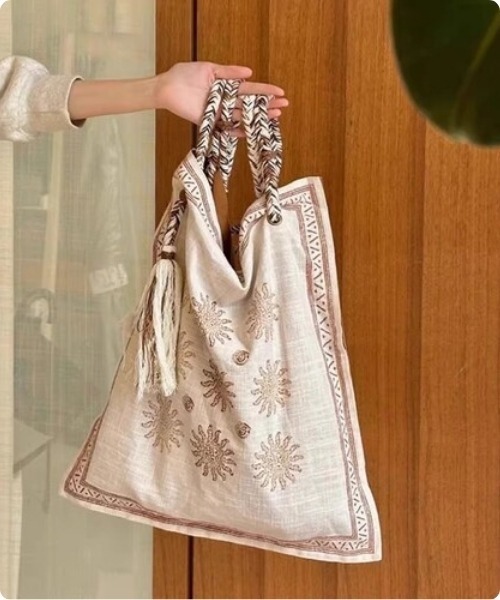 セール】エスニック刺繍ファブリックバッグ（グリーン／ベージュ
