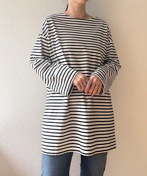 BEARDSLEY(ビアズリー)の「刺繍入りボーダーロングプルオーバー(Tシャツ/カットソー・レディース・ネイビー・FREE)」の3枚目の写真