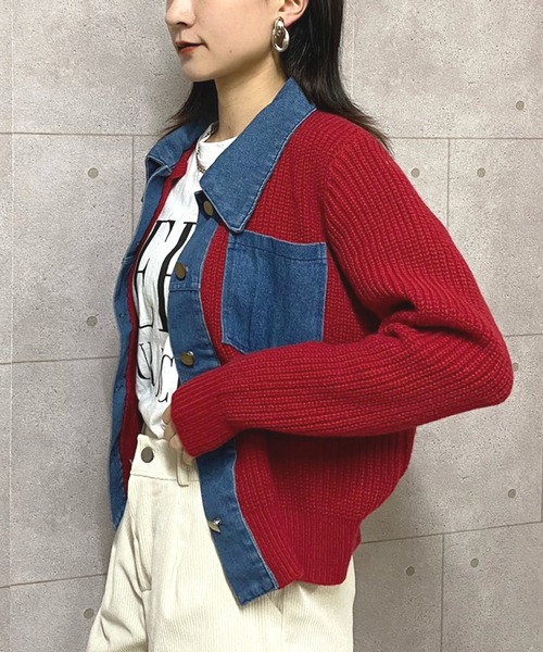 NANEA(ナネア)の「デニムドッキング異素材切り替えニットカーディガン(カーディガン/ボレロ・レディース・グレー/ブラウン/レッド/ブラック・フリー)」の15枚目の写真